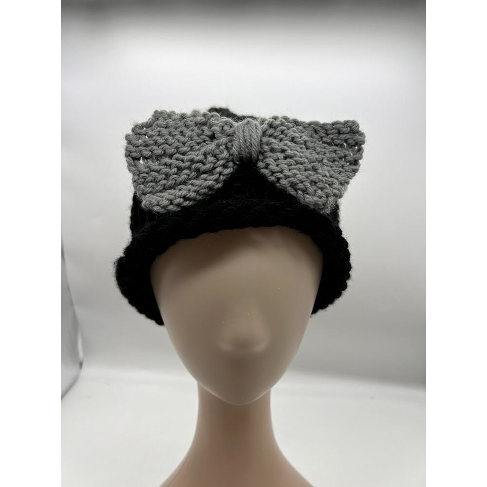 womens woven knit black and gray bow hat cap‎ beanie feminine winter XS/S